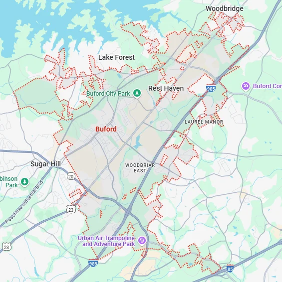 A localized street map showing the boundary for Buford, Georgia.