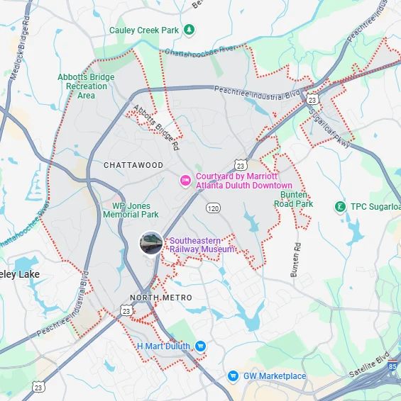 A localized street map showing the boundary for Duluth, Georgia.