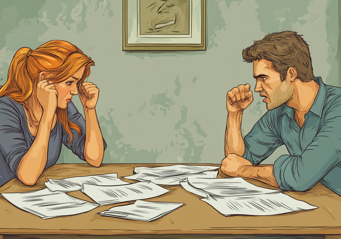 Illustration of a man and woman looking exhausted and frustrated while reviewing a pile of bills and documents.