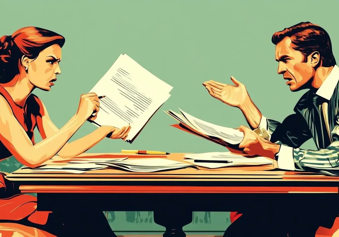 Illustration of a man and woman arguing over a signed legal document at a desk.