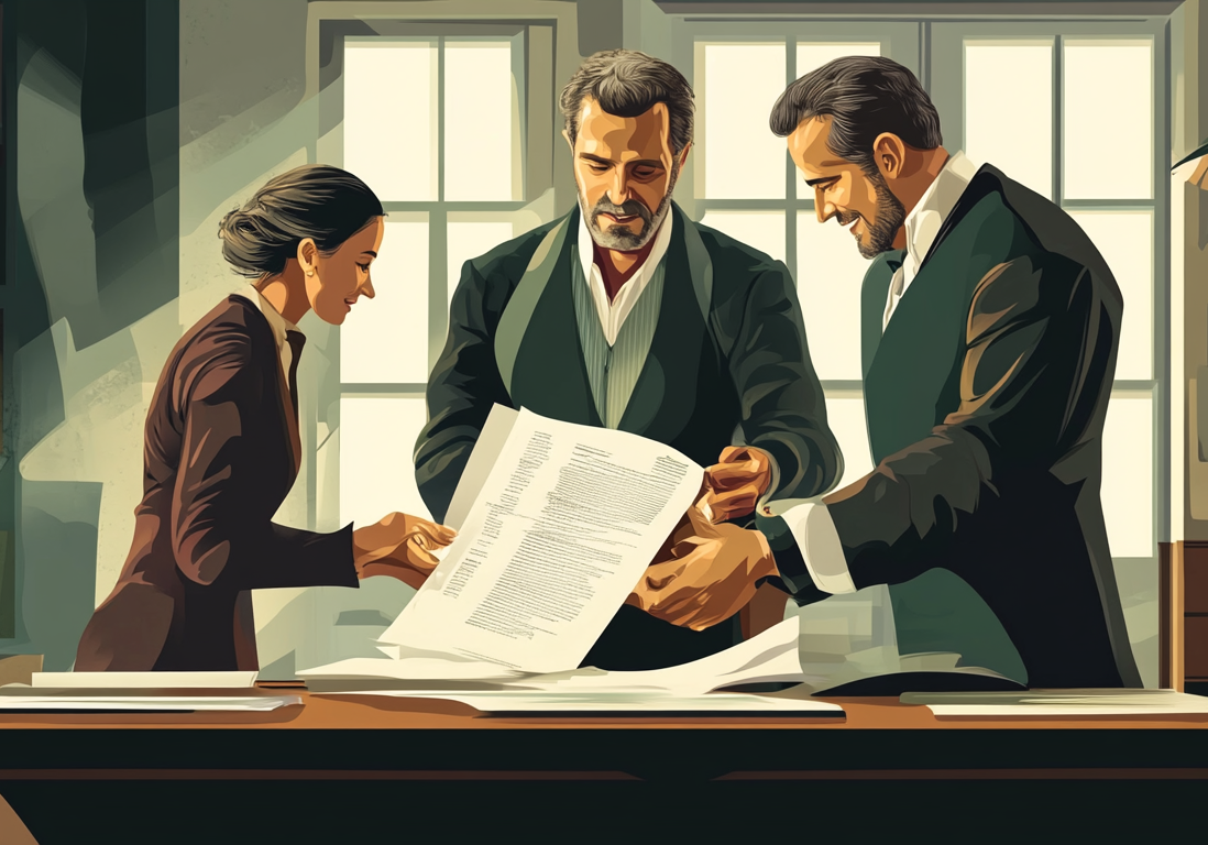Illustration of two professionals reviewing a large architectural blueprint or legal document at a desk.
