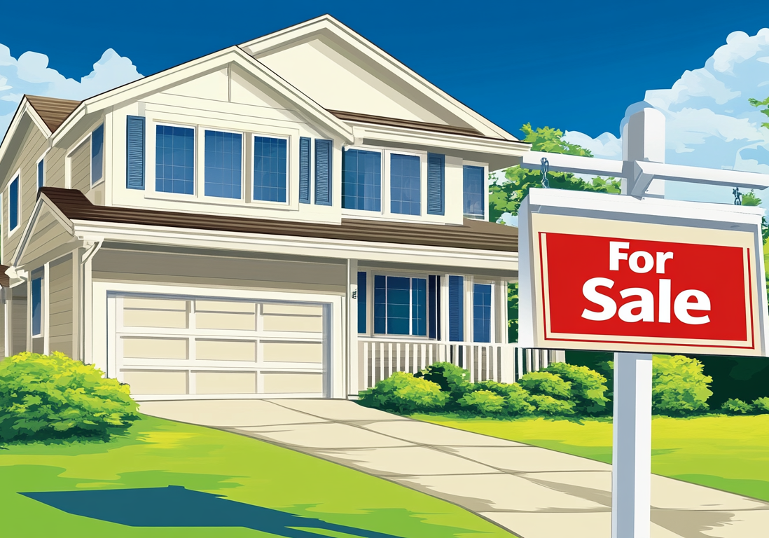 A clean white suburban home with a red "For Sale" sign on the front lawn.
