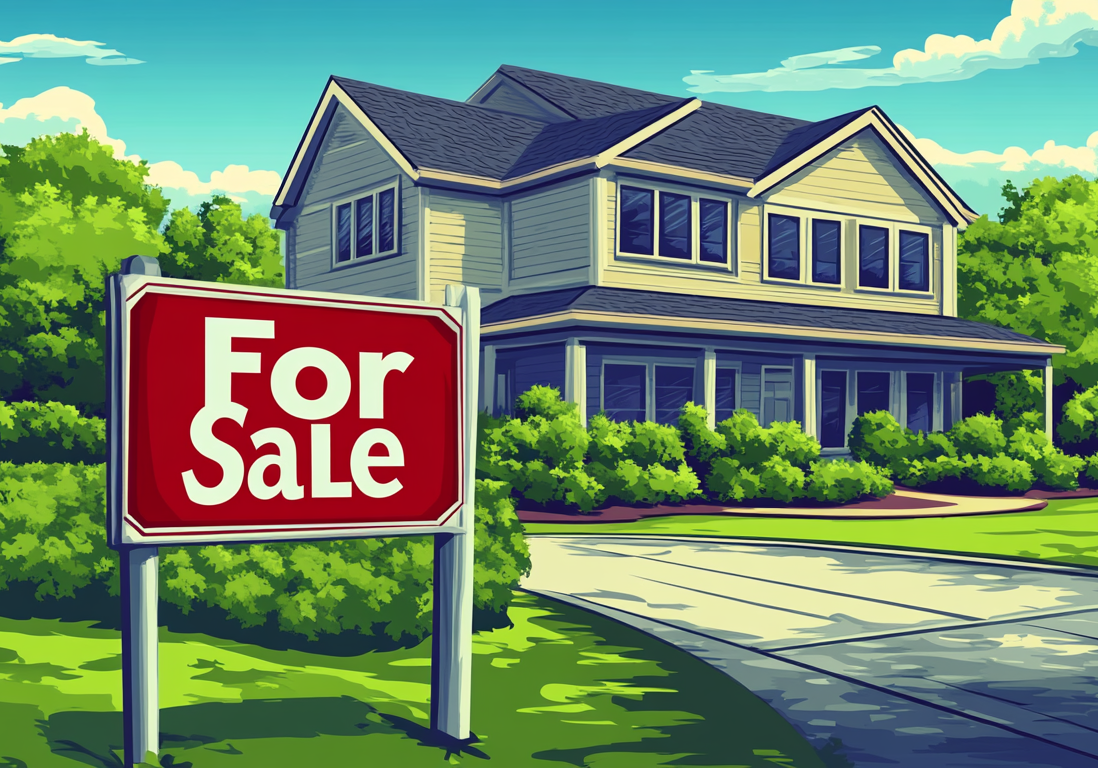 A blue two-story suburban home with a prominent red "For Sale" sign in the front yard.