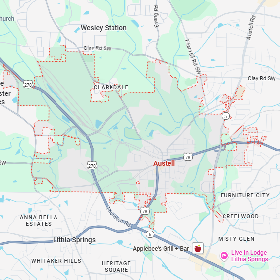 A localized street map showing the boundary for Austell, Georgia.