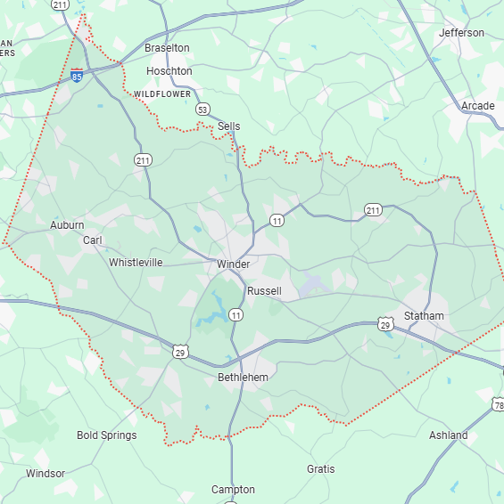 A localized street map with a red boundary line highlighting the area of Barrow-County, Georgia.
