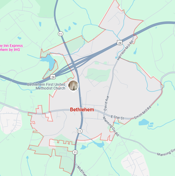 A localized street map with a red boundary line highlighting the area of Bethlehem, Georgia.