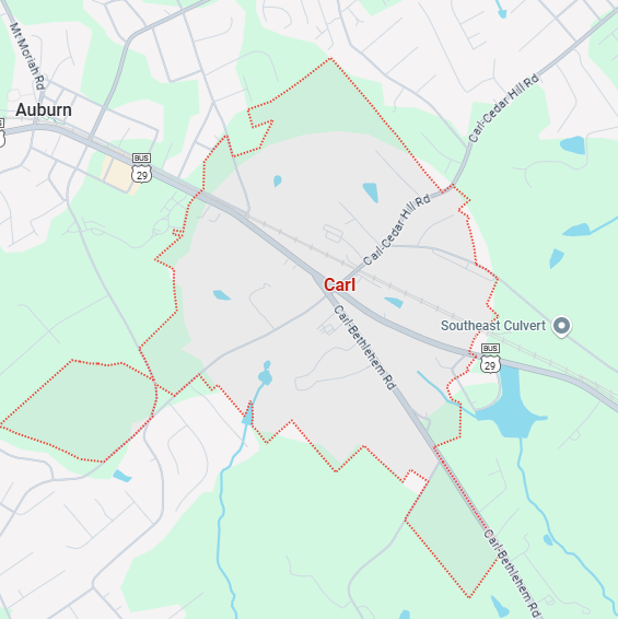 A localized street map with a red boundary line highlighting the area of Carl, Georgia.