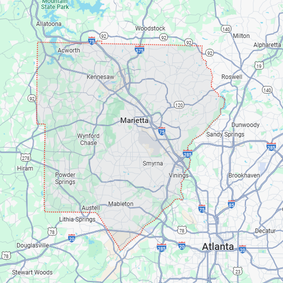 A localized street map with a red boundary line highlighting the area of Cobb-County, Georgia.