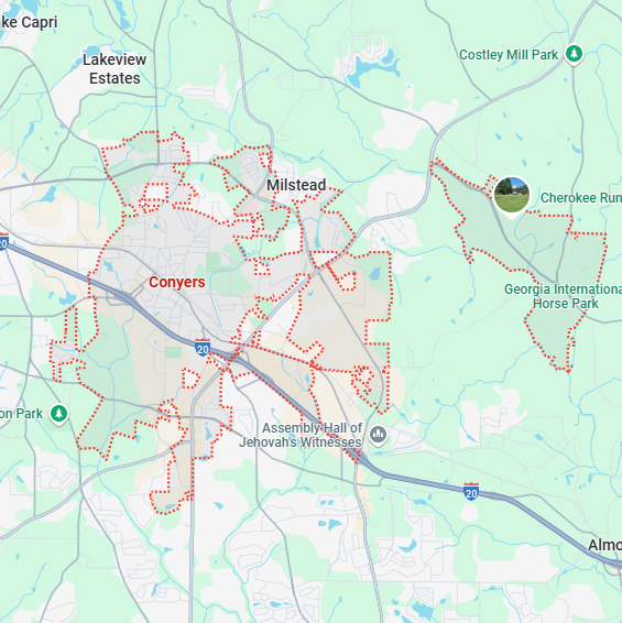 A localized street map showing the boundary for Conyers, Georgia.