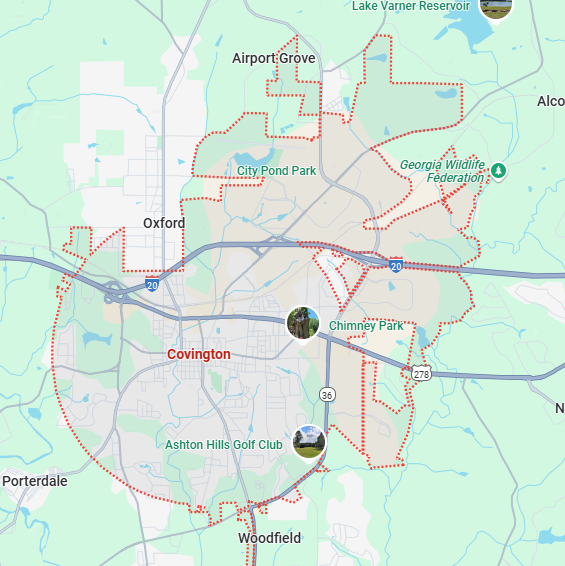A localized street map showing the boundary for Covington, Georgia.