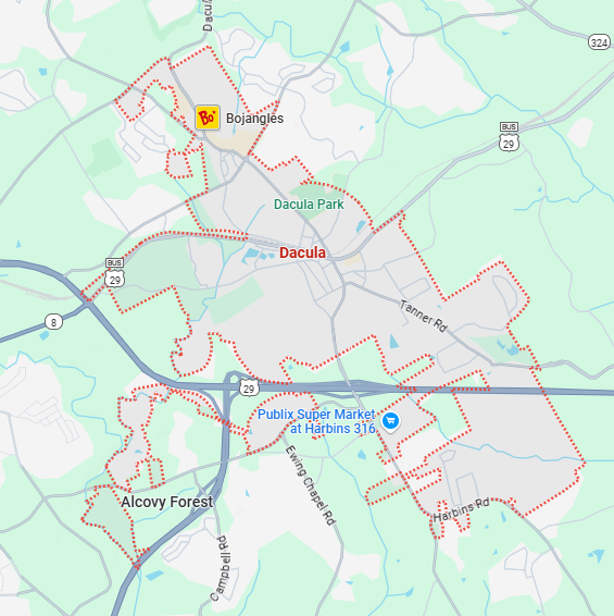 A localized street map showing the boundary for Dacula, Georgia.