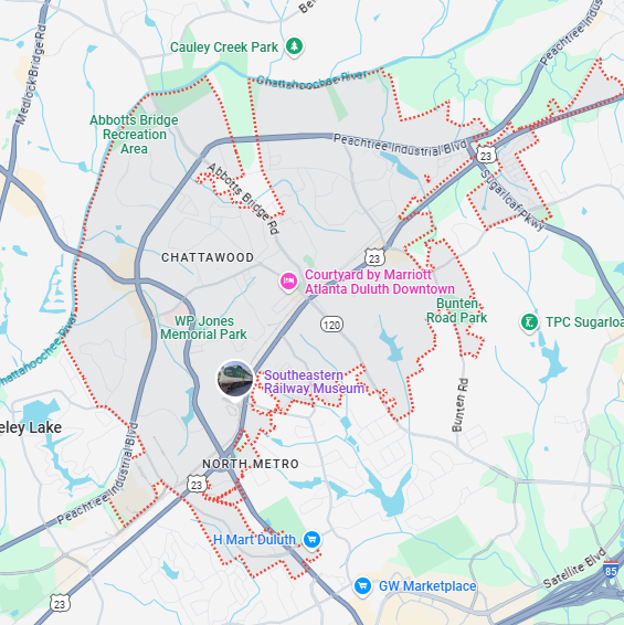 A localized street map showing the boundary for Duluth, Georgia.