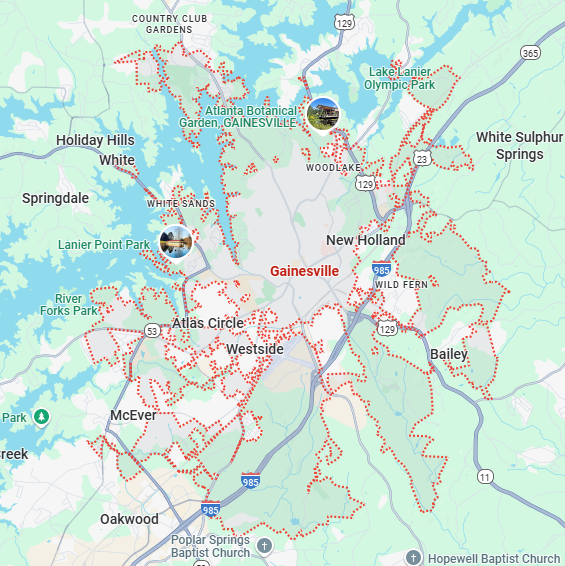 A localized street map showing the boundary for Gainesville, Georgia.