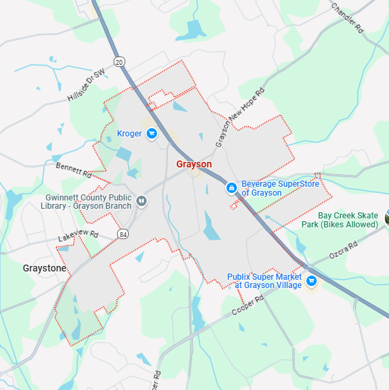 A localized street map showing the boundary for Grayson, Georgia.