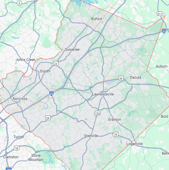 A localized street map showing the boundary for Gwinnett-, Georgia.