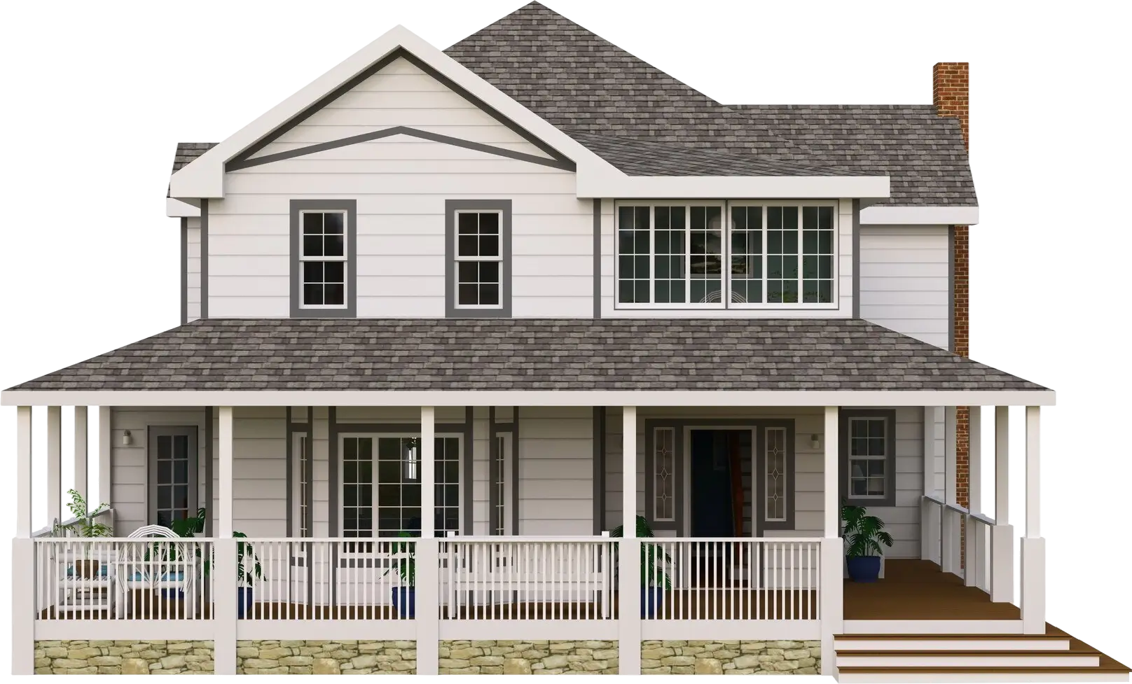Architectural rendering of a white two-story craftsman-style house with a dark roof and front porch.