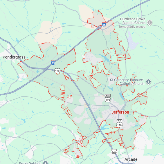 A localized street map showing the boundary for Jefferson, Georgia.