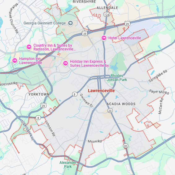 A localized street map showing the boundary for Lawrenceville, Georgia.