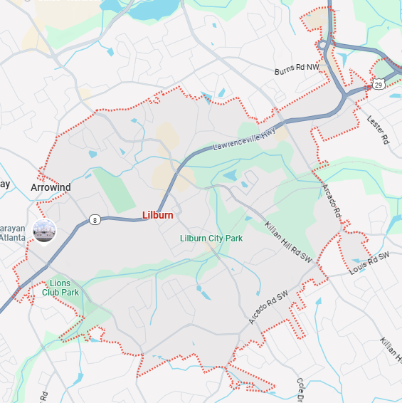 A localized street map showing the boundary for Lilburn, Georgia.
