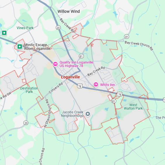 A localized street map showing the boundary for Loganville, Georgia.