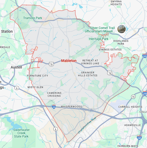 A localized street map with a red boundary line highlighting the area of Mableton, Georgia.