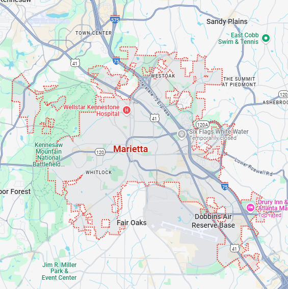 A localized street map showing the boundary for Marietta, Georgia.
