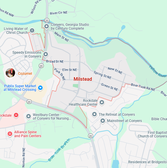 A localized street map showing the boundary for Milstead, Georgia.