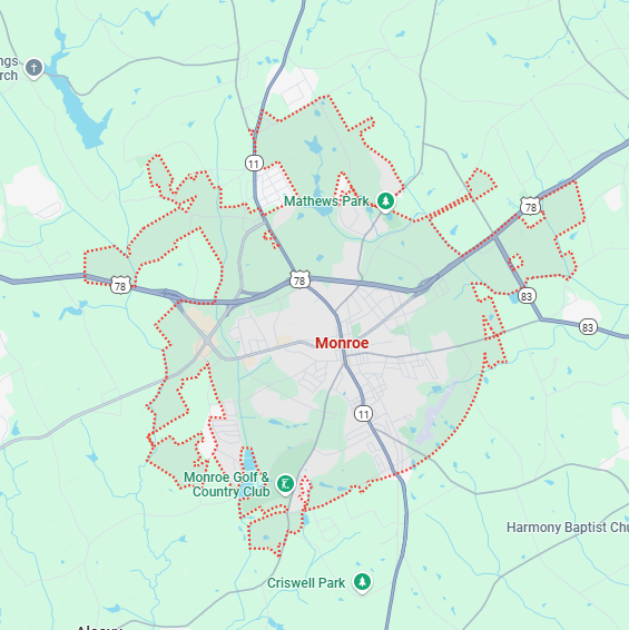 A localized street map showing the boundary for Monroe, Georgia.
