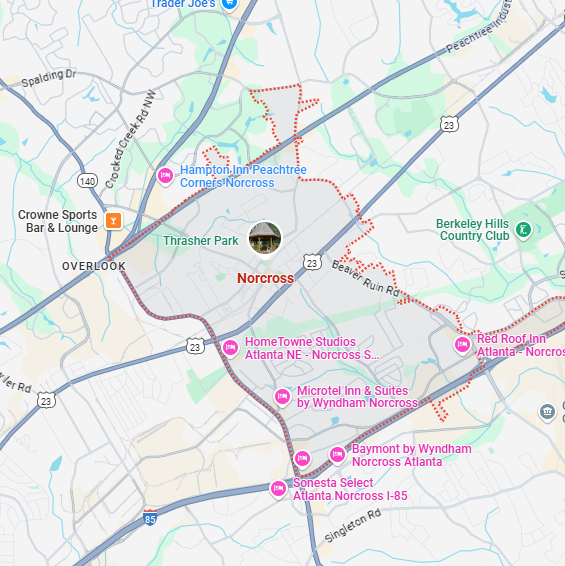 A localized street map showing the boundary for Norcross, Georgia.