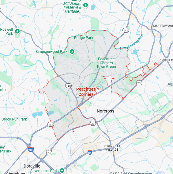 A localized street map showing the boundary for Peachtree-Corners, Georgia.