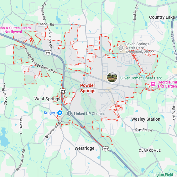 A localized street map showing the boundary for Powder Springs, Georgia.