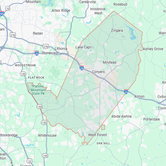 A localized street map showing the boundary for Rockdale-County, Georgia.