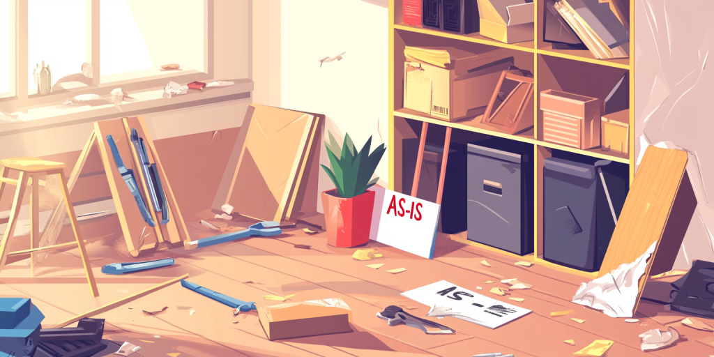 Interior of a cluttered workshop or garage with various tools and materials.