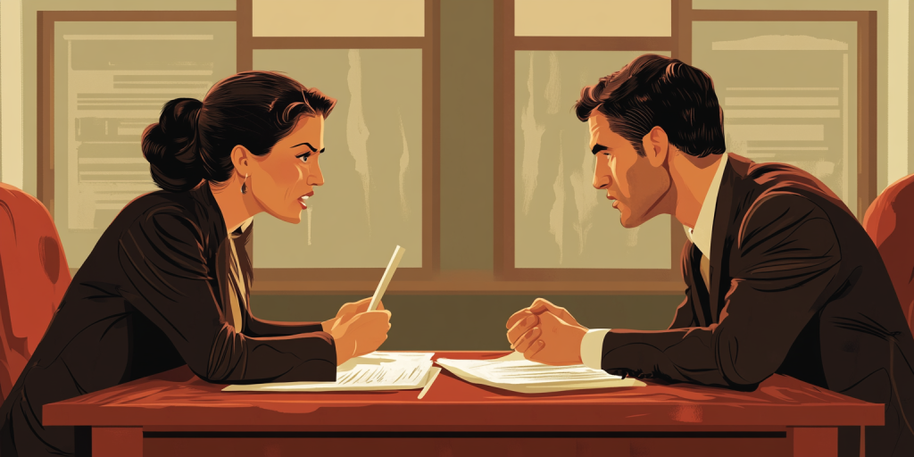 A woman and a man in professional attire sitting across from each other at a desk discussing a document.