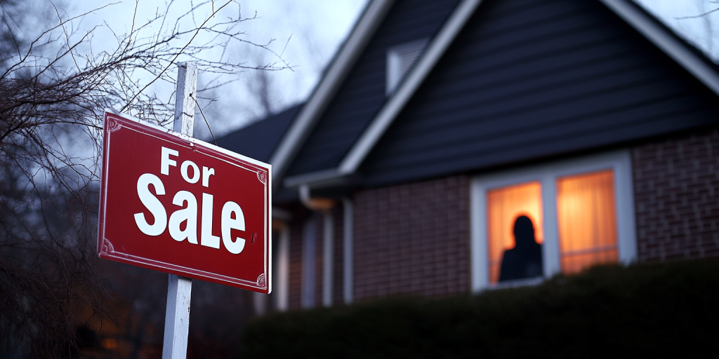 A residential home at twilight with a prominent red "For Sale" sign on the lawn.