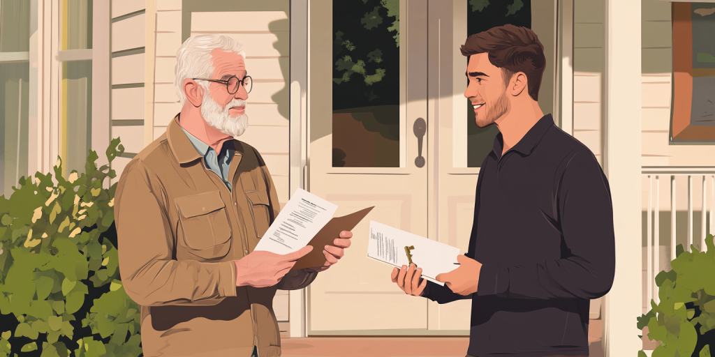 Illustration of an older man and a younger professional reviewing a document outdoors.