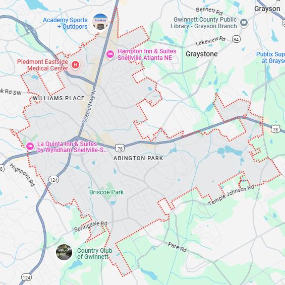 A localized street map showing the boundary for Snellville, Georgia.