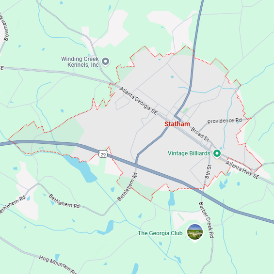 A localized street map with a red boundary line highlighting the area of Statham, Georgia.