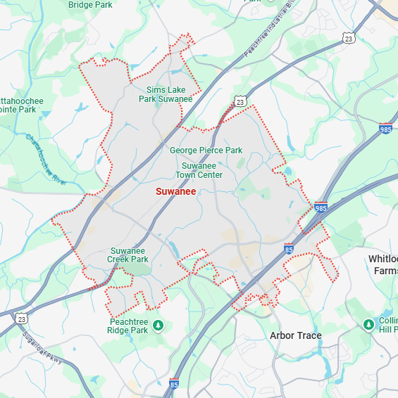A localized street map showing the boundary for Suwanee, Georgia.