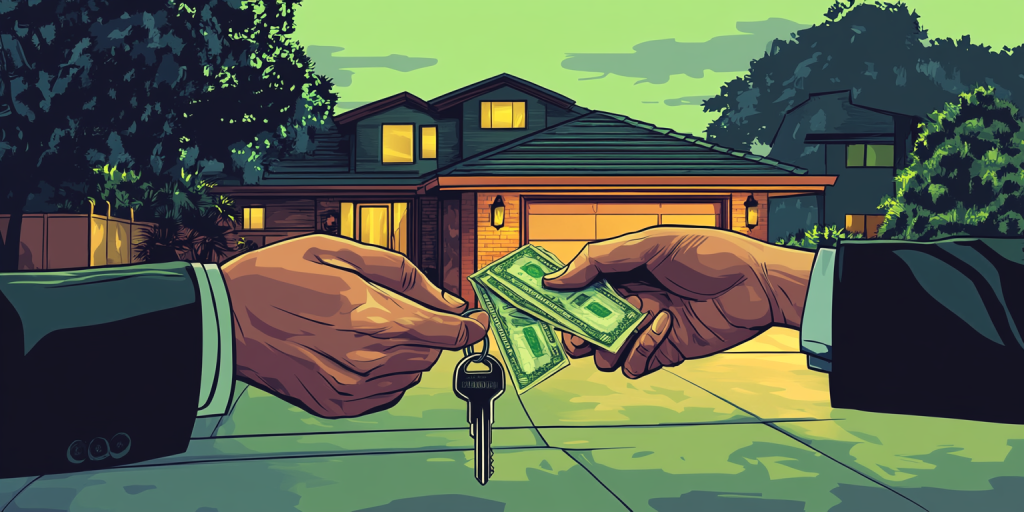 Illustration of a person handing over house keys and receiving a stack of cash in front of a home at dusk.