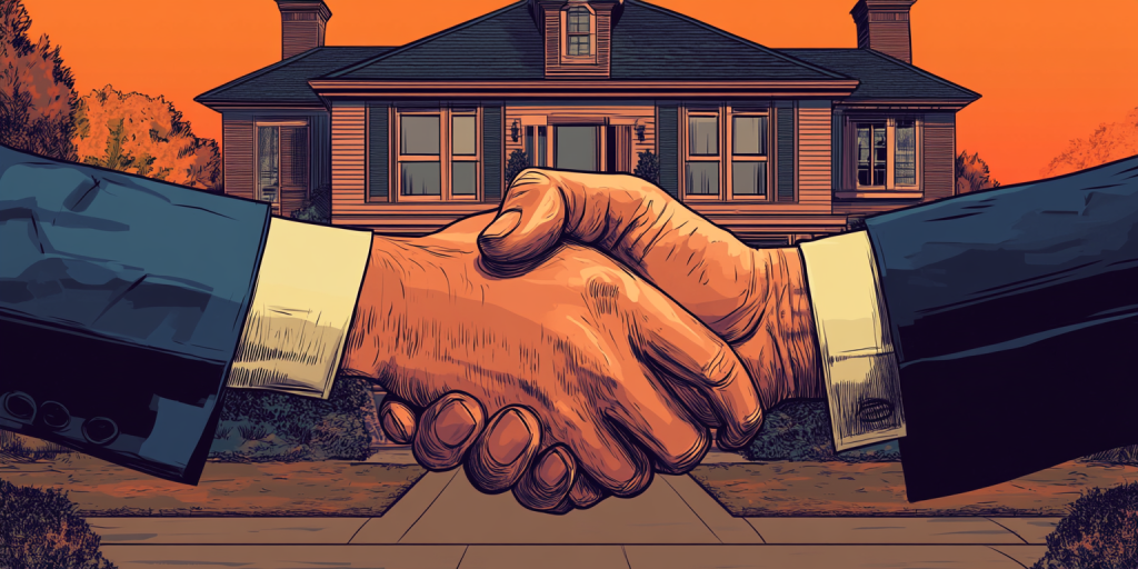 Close-up illustration of a professional handshake over a signed real estate agreement.