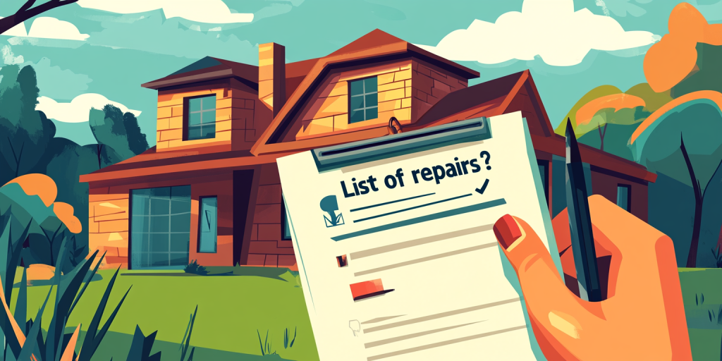 Illustration of a hand holding a "List of Repairs" checklist in front of a residential home.