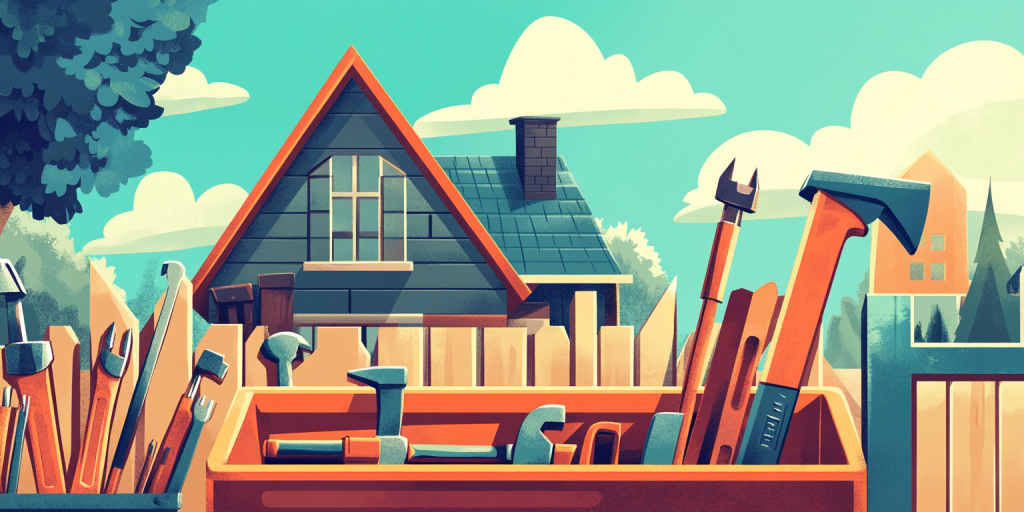 Illustration of a house with various repair tools like a hammer, saw, and level in front.