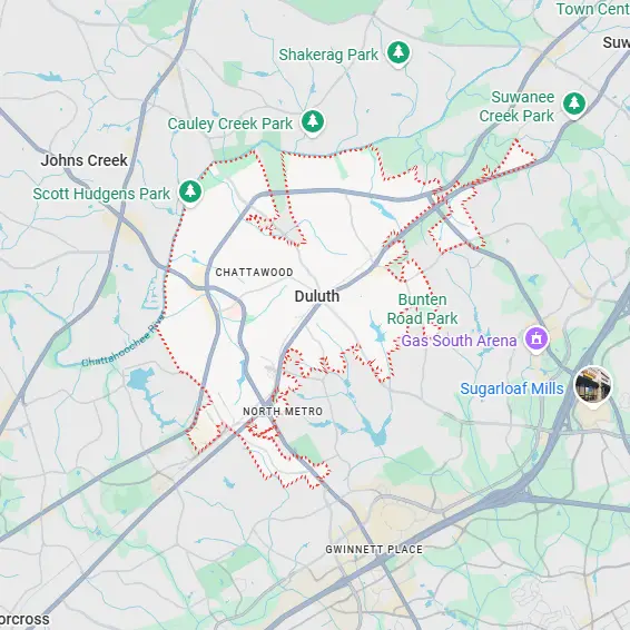 A map of Duluth and surrounding parks featuring a red dotted boundary that outlines a central service area near Gas South Arena.