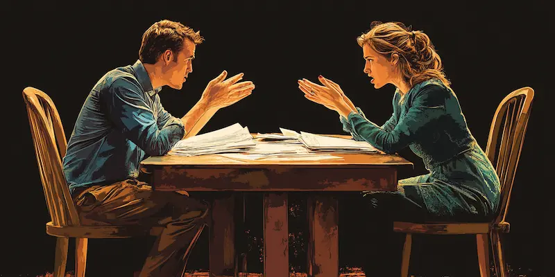 Illustration of a man and woman in heated disagreement while sitting across from each other at a table.