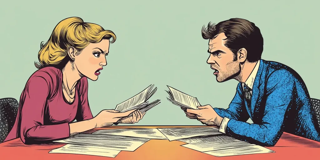 Illustration of a man and woman on opposite sides of a desk pointing at legal documents in anger.