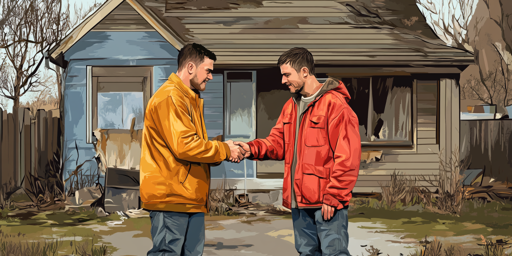 Illustration of two men shaking hands in front of an old, weathered house.