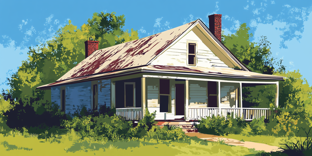 Exterior of a small, weathered cottage-style home needing significant exterior repair.