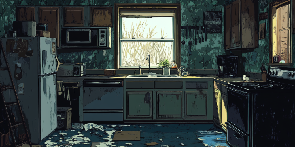 Interior view of an outdated, dark kitchen with old appliances and cluttered counters.