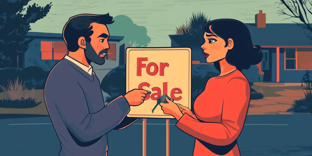 Illustration of a man and woman standing on a lawn next to a "For Sale" sign having a serious conversation.